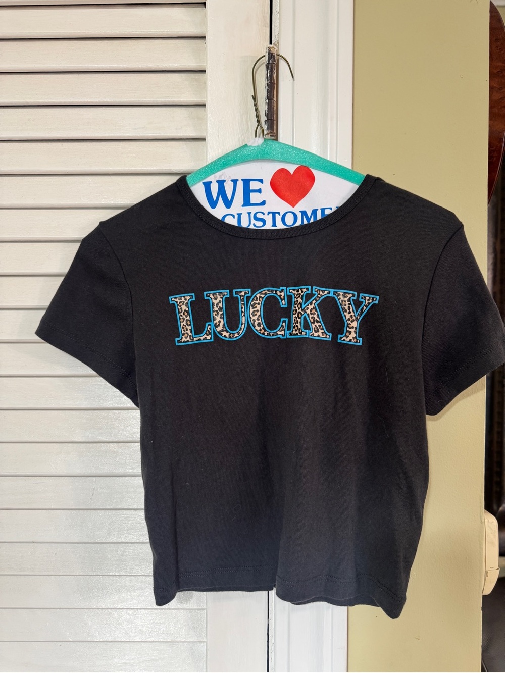 Lucky Graphic Black Baby Tee Crop Top